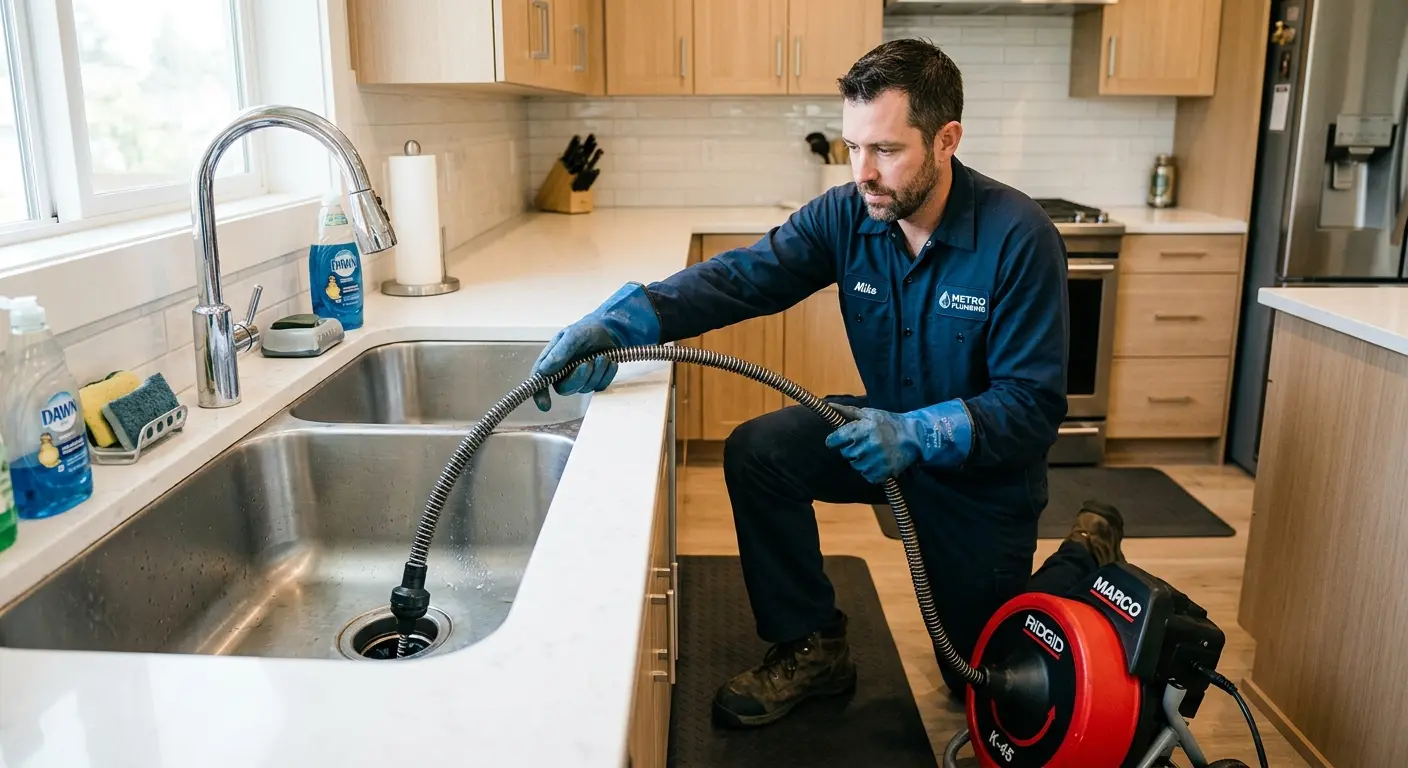 Drain cleaning technician using a motorized snake on a kitchen sink in White Hall