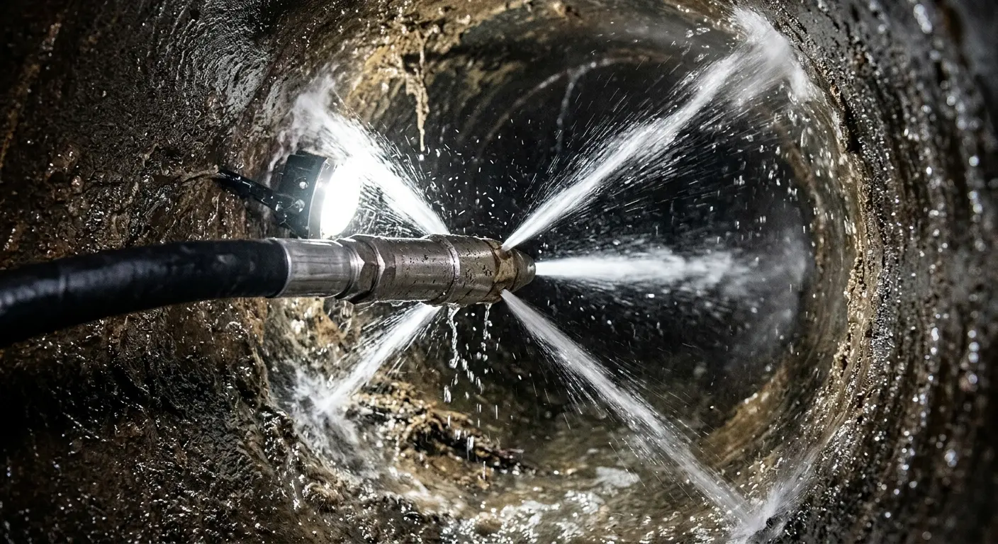 High-pressure hydro jetting nozzle cleaning sewer pipe for Trenchless Sewer Repair in White Hall